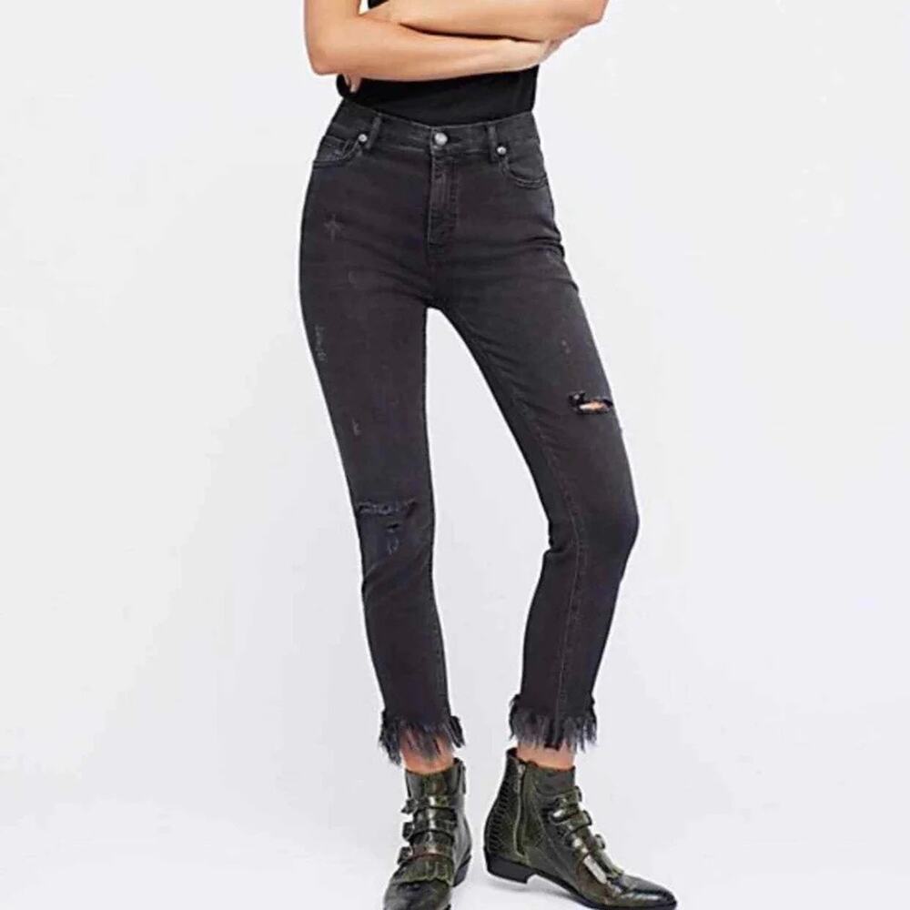 FREE PEOPLE Black Great Heights Distressed Frayed Skinny Jeans 27